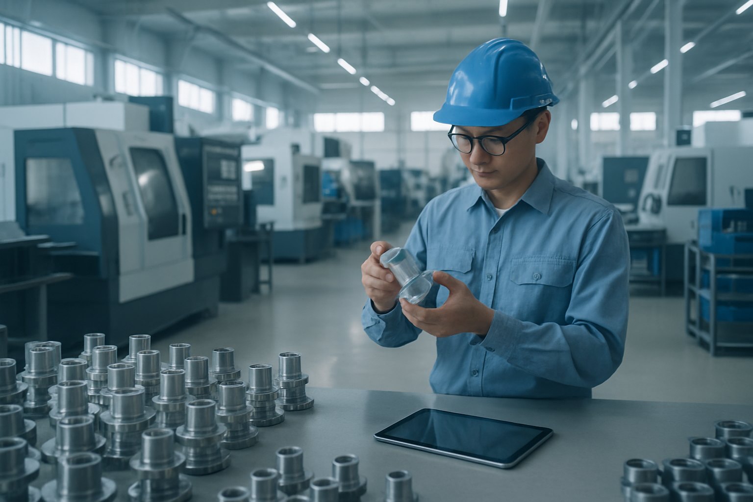 Industrial staff inspecting components