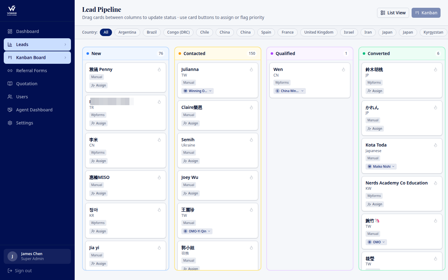 Lead Pipeline Kanban Board